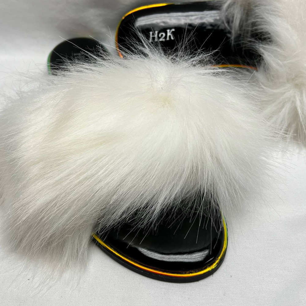 H2K Furry Slide Slippers White Faux Fur Women’s Size 10